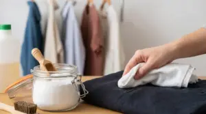 Mano che tampona un capo scuro con un panno bianco vicino a un barattolo di bicarbonato, in casa