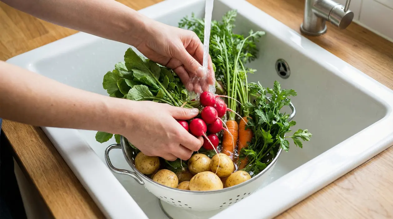 Una persona lava delle verdure fresche dell’orto in un lavandino