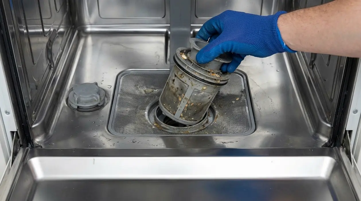 Mano con guanto che rimuove il filtro sporco dal fondo della lavastoviglie per pulirlo