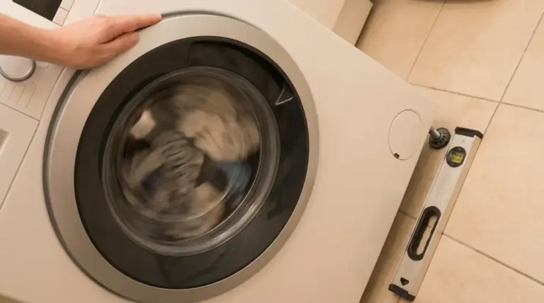 Mano su lavatrice in centrifuga con bolla di livello sul pavimento, per controllare la stabilità e ridurre le vibrazioni