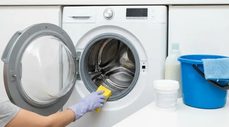 Persona pulisce l’oblò della lavatrice con una spugna per igienizzarla e mantenerla profumata