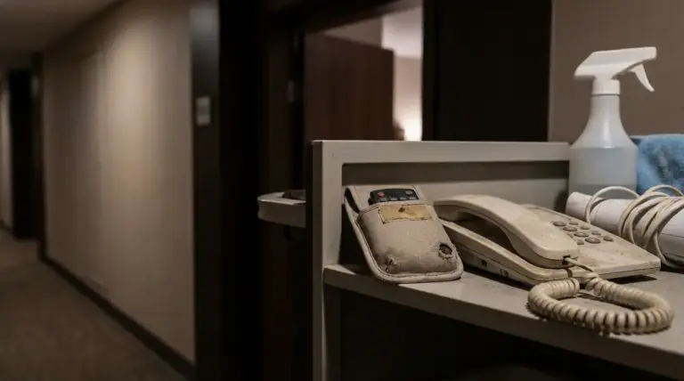 Carrello delle pulizie in corridoio d’albergo con telefono fisso e flacone spray in primo piano