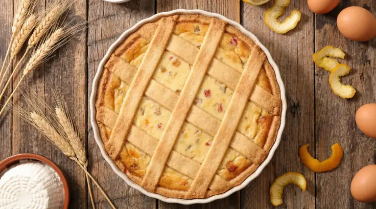 Pastiera napoletana vista dall’alto con griglia di strisce di pasta frolla su tavolo rustico con uova e bucce di agrumi