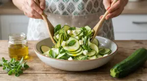 Insalata di zucchine crude con basilico, feta e olio d'oliva in una ciotola di ceramica