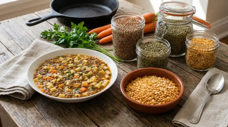 Zuppa di lenticchie con pasta e verdure accanto a barattoli pieni di legumi secchi
