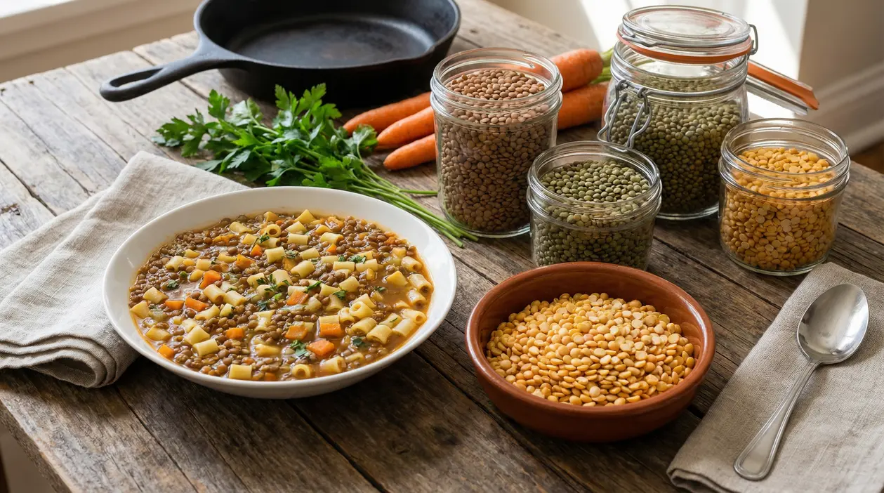 Zuppa di lenticchie con pasta e verdure accanto a barattoli pieni di legumi secchi