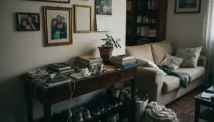 Ingresso di casa disordinato con consolle piena di oggetti, libri e cavi, scarpe sotto e divano sullo sfondo