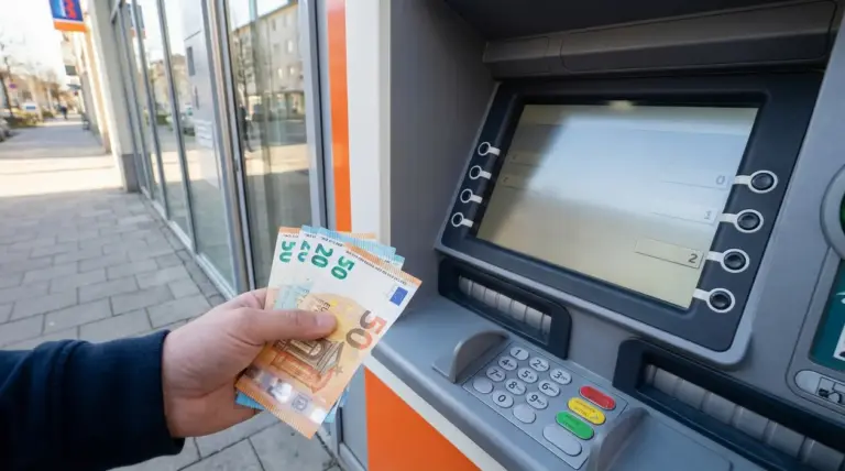 Persona preleva denaro contante da uno sportello bancomat in città