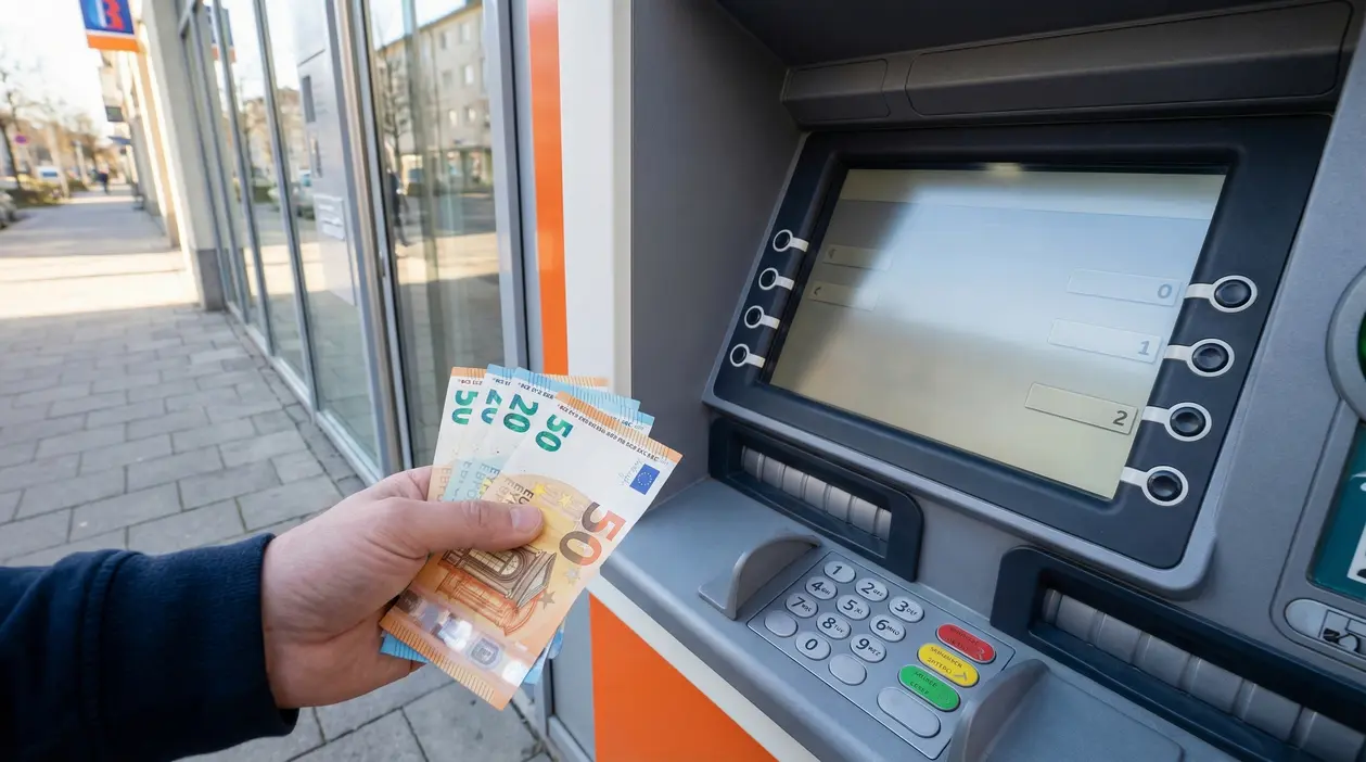 Persona preleva denaro contante da uno sportello bancomat in città