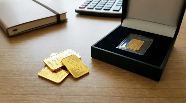 Lingotti d'oro su un tavolo accanto a una scatola, un quaderno e una calcolatrice