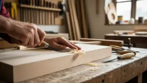 Mani di un falegname che pialla una tavola di legno su un banco da lavoro, con trucioli e utensili da falegnameria