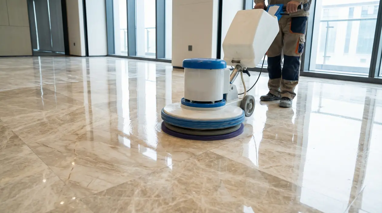 Persona usa una lucidatrice industriale su pavimento in marmo lucido in un ambiente moderno con grandi finestre