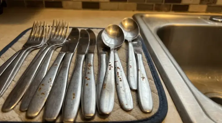 Posate in acciaio con macchie di ruggine appoggiate su un panno accanto al lavello della cucina