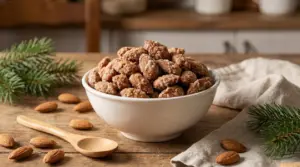 Ciotola bianca colma di mandorle pralinate su tavolo rustico in legno