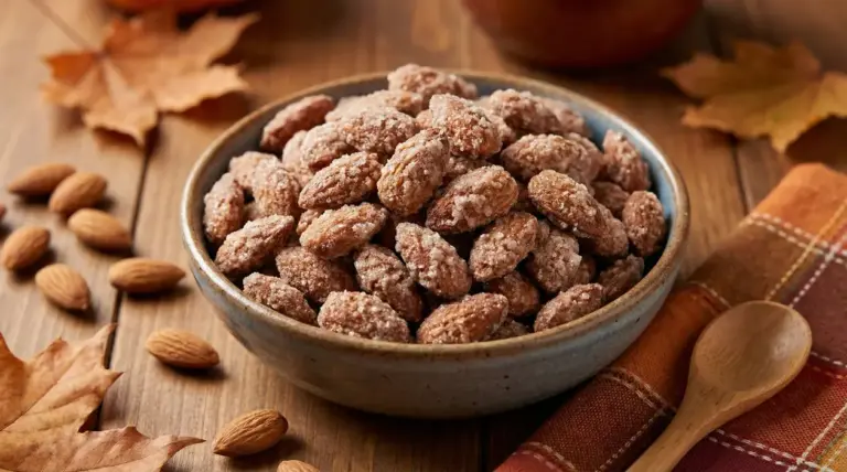 Ciotola di mandorle pralinate su tavolo in legno con decorazioni autunnali