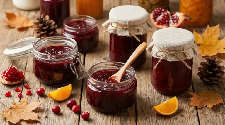Barattoli di marmellata rossa autunnale su un tavolo in legno con frutta e foglie secche