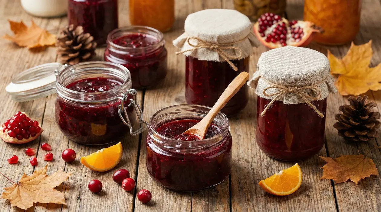 Barattoli di marmellata rossa autunnale su un tavolo in legno con frutta e foglie secche