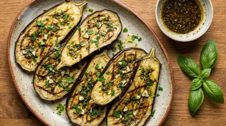 Fettine di melanzane grigliate condite con erbe, aglio e olio su un piatto di ceramica