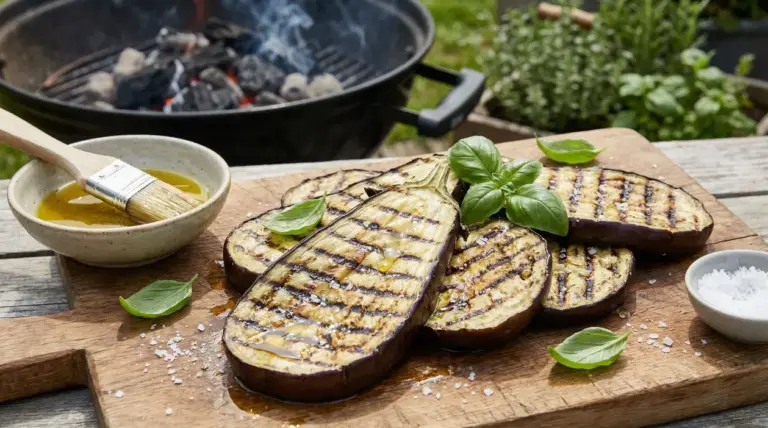 Fette di melanzane grigliate su un tagliere con olio, sale e basilico accanto a una griglia accesa