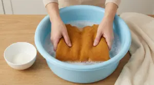 Mani che lavano a mano un maglione in cashmere in una bacinella con acqua saponata, con asciugamano accanto