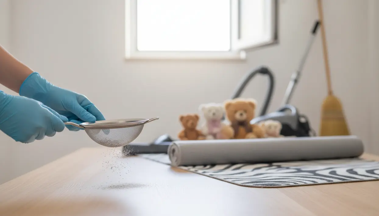 Mani con guanti che setacciano polvere su un tavolo, con tappeto arrotolato, aspirapolvere e peluche sullo sfondo