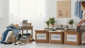 Stanza in disordine con scatole per buttare, donare e riporre e una persona che riordina vestiti