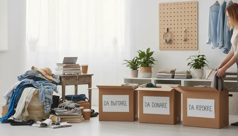Stanza in disordine con scatole per buttare, donare e riporre e una persona che riordina vestiti
