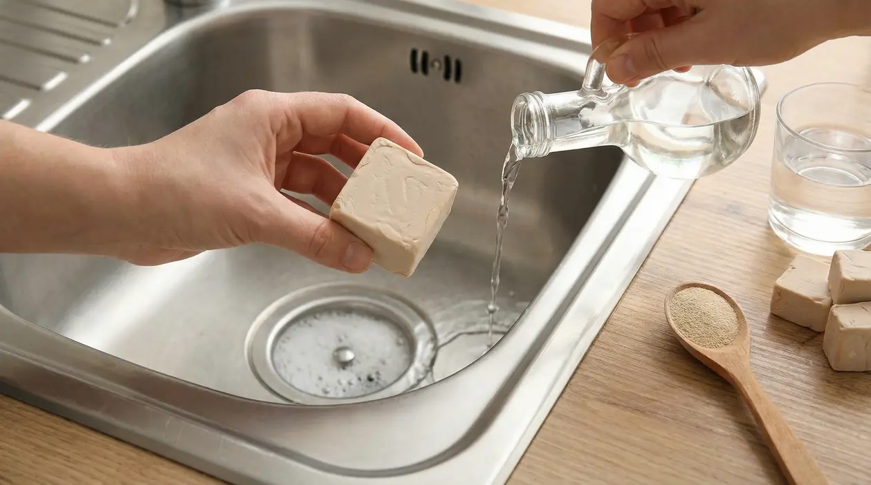 Mani con lievito di birra e acqua versata nel lavello della cucina per pulire uno scarico ostruito