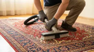 Persona pulisce un tappeto persiano con aspirapolvere e spazzola, in ginocchio su pavimento in legno