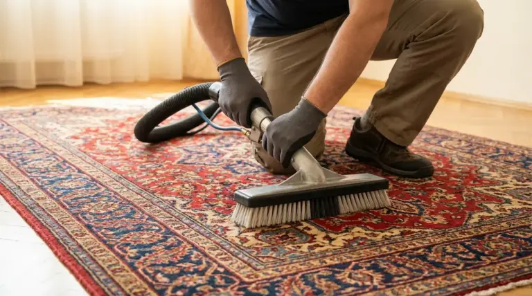 Persona pulisce un tappeto persiano con aspirapolvere e spazzola, in ginocchio su pavimento in legno