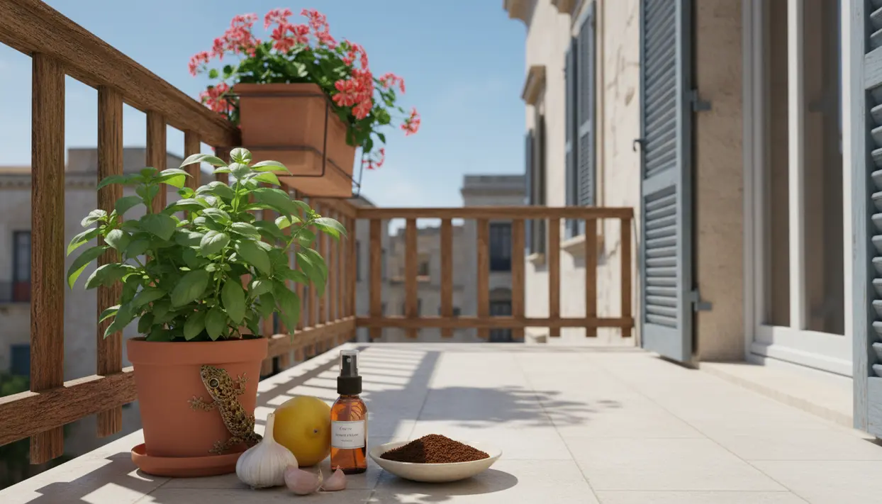 Geco vicino a un vaso sul balcone con aglio, limone e spray naturale per allontanarlo