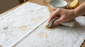 Mano che tampona macchie marroni su un corredo antico ricamato, con limone e ciotola sul tavolo