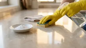 Mani con guanti gialli lucidano un piano in marmo con spugna e spruzzino, accanto a una ciotola di polvere bianca