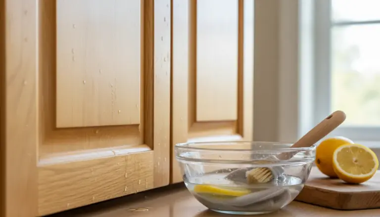 Anta di cucina in legno con aloni d’acqua e ciotola con limone per una pulizia naturale