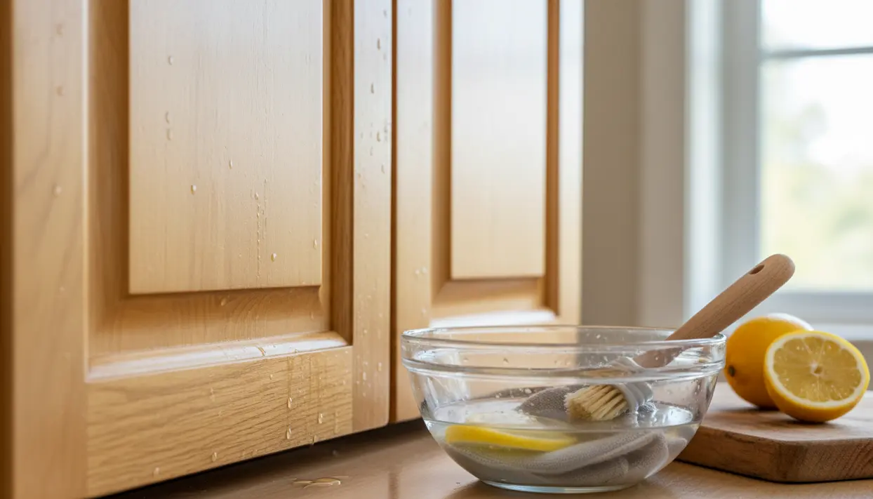 Anta di cucina in legno con aloni d’acqua e ciotola con limone per una pulizia naturale