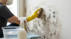 Persona con guanti e mascherina che rimuove muffa da un muro con una spazzola