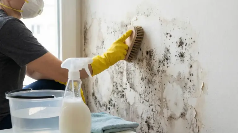 Persona con guanti e mascherina che rimuove muffa da un muro con una spazzola