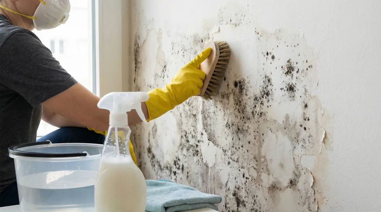 Persona con guanti e mascherina che rimuove muffa da un muro con una spazzola
