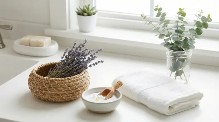 Composizione da bagno con lavanda, asciugamano bianco, eucalipto e sale profumato su una mensola