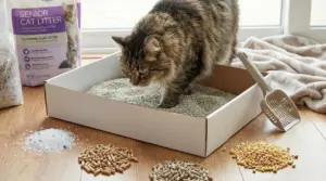 Gatto anziano in una lettiera con vari tipi di sabbia esposti accanto