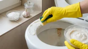 Persona con guanti gialli pulisce il WC con una miscela naturale fatta in casa e una spugna