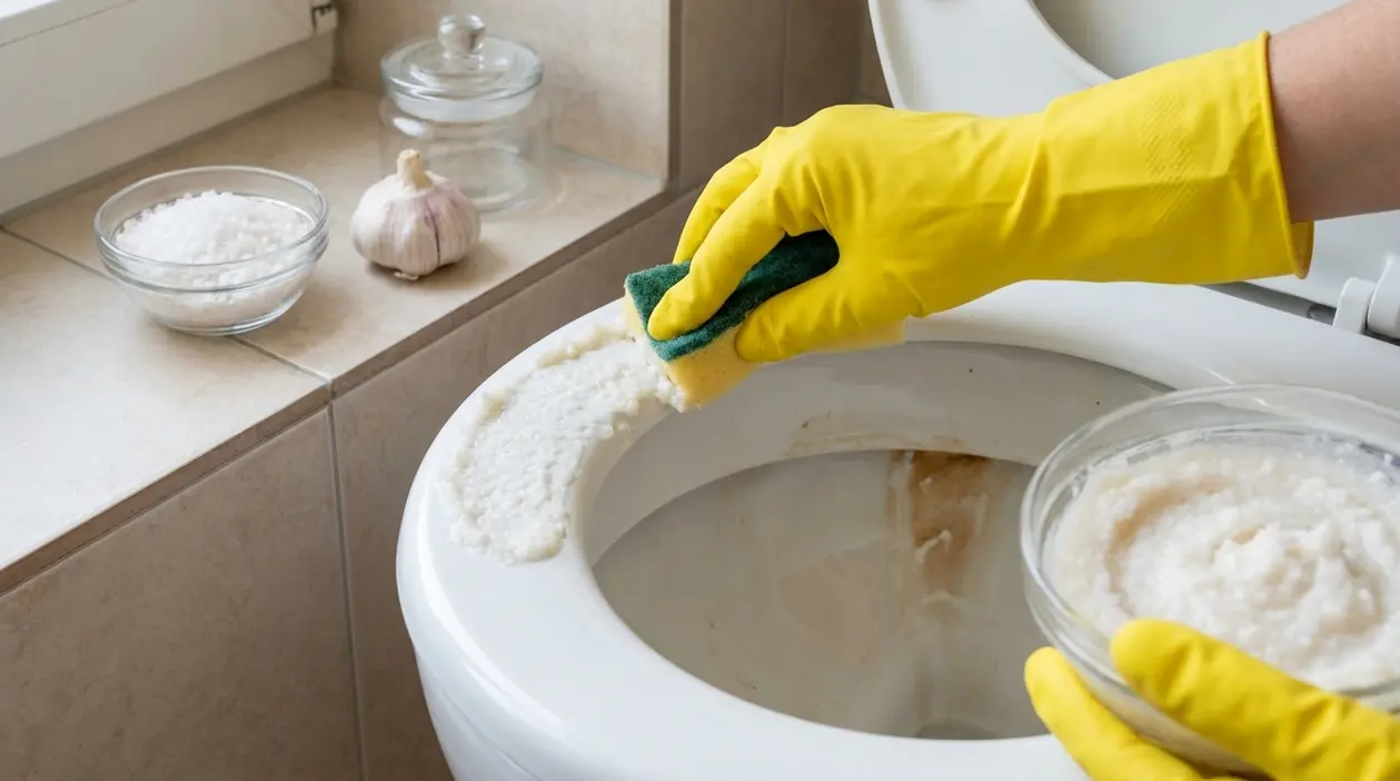 Persona con guanti gialli pulisce il WC con una miscela naturale fatta in casa e una spugna