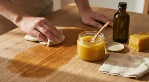 Mani che lucidano un tavolo in legno con un panno accanto a un barattolo di cera naturale e una bottiglia d’olio
