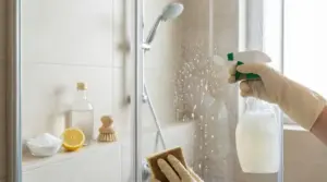 Pulizia del box doccia in vetro con spray naturale e spugna; sul bordo bicarbonato, limone e flacone di aceto