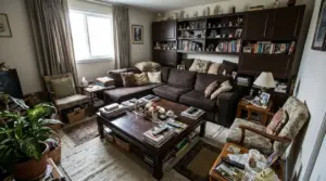 Salotto pieno di mobili e oggetti: grande divano, tavolino con pile di riviste e libreria a parete con decorazioni