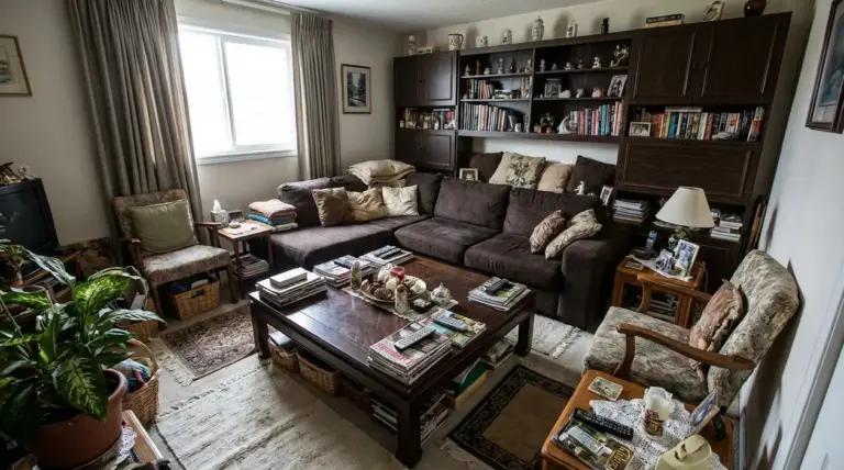 Salotto pieno di mobili e oggetti: grande divano, tavolino con pile di riviste e libreria a parete con decorazioni