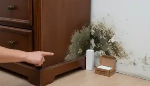 Muffa dietro un mobile in legno con deumidificatore assorbi umidità appoggiato vicino alla parete