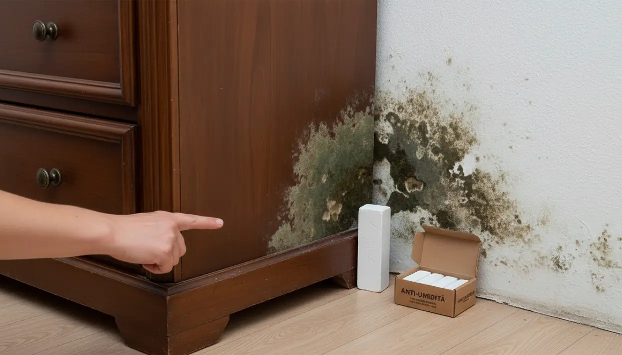 Muffa dietro un mobile in legno con deumidificatore assorbi umidità appoggiato vicino alla parete