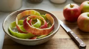 Bucce di mela rosse e verdi in una ciotola accanto a mele intere e un coltello su un tagliere