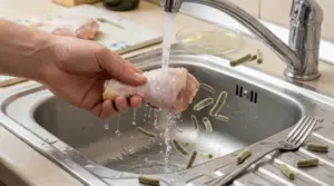 Mano che lava un cosciotto di pollo crudo sotto l'acqua corrente in un lavandino